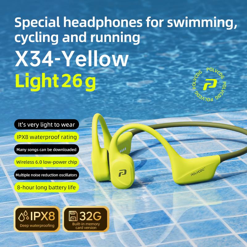 POLVCDG x34 Knochenschall-Schwimm-Kopfhörer Silikonkopf 32GB Speicher IPX8 Wasserdicht 26g Sport Kletter-Kopfhörer