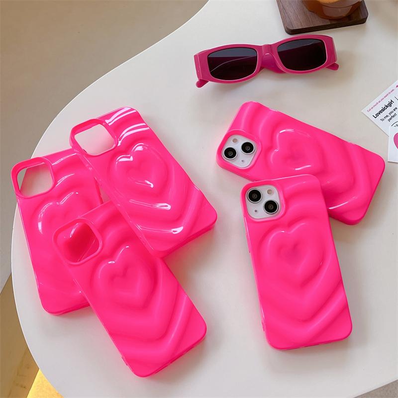Korea Cute Pink Love Heart Folds Glossy Phone Case For Iphone 14 13 12 11 Pro Max X Xs Xr Lovely Y2k støtsikkert mykt deksel Funda