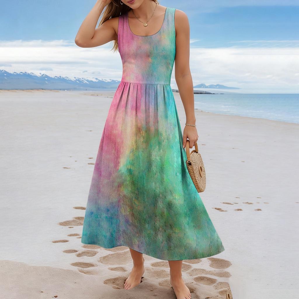 Maxi Abito Senza Maniche con Stampa Sfumata da Donna Estate Casual Vestibilità Larga Girocollo Lungo Abito da Sole Tessuto Leggero