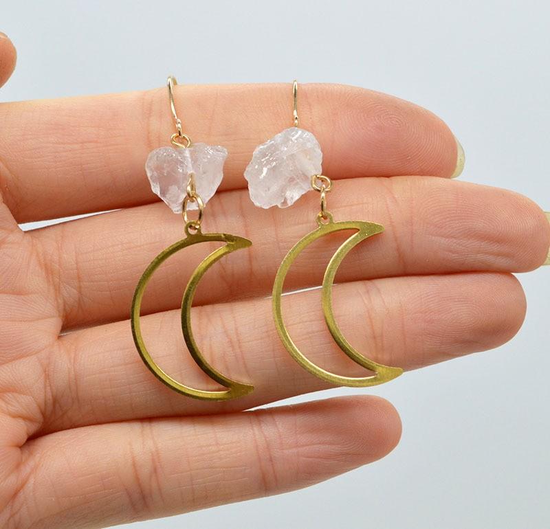 Exquisite Simple Gold Color Stainless Steel Hollowed-out Crescent Moon Irregular Crystal Dangle Earrings for Women Jewelry Gift