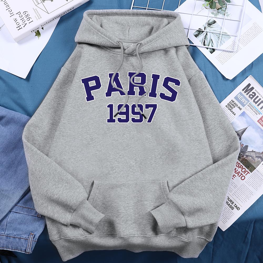 Paris 1997 Street City Letter Print Hoodies Women Warm Fleece Daily Pullovers Fashion Casual Hooded Basic All Match Sweatshirt