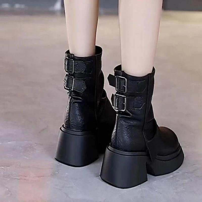 Fashion Platform Chunky Motorcycle Ankle Boots Brand Luxury Women Shoes PU Leather Designer 2025 Trend New Retro Fad Chelsea Botas Mujer