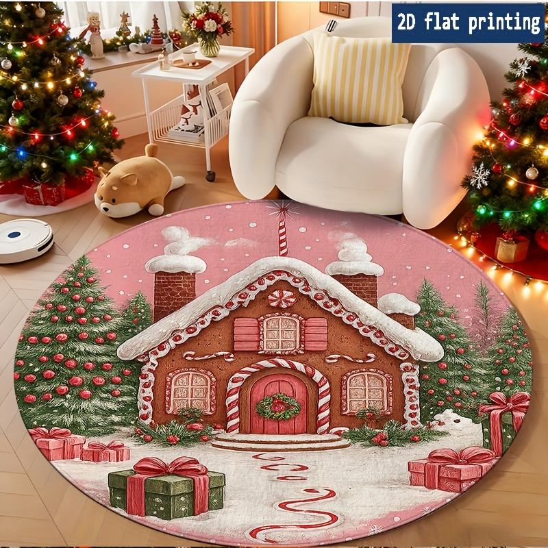 Moonlit Bridge Reindeer Snow Cabin Circular Rug washable Entry Sofa Chair floor mat Bedroom Bedside Holiday Present Washable Rug