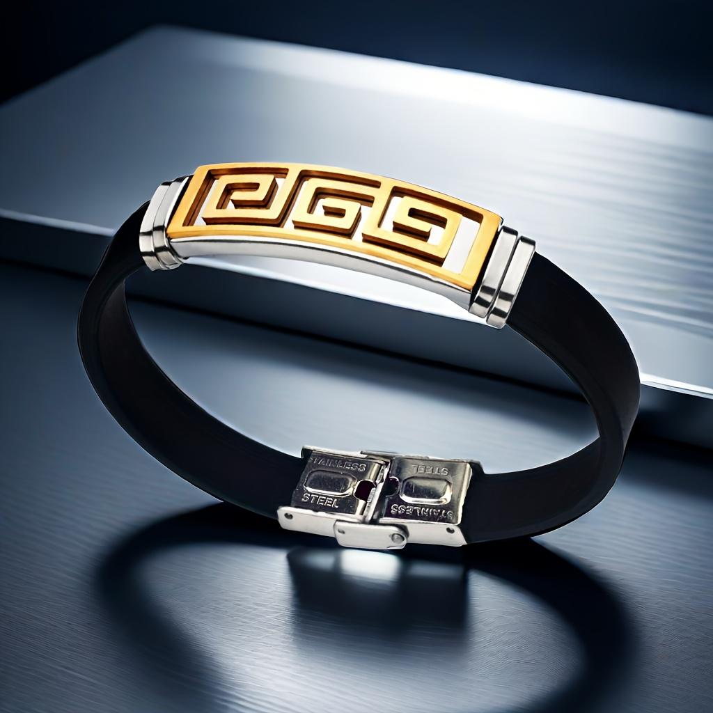 

A Stylish Black PU Leather Bracelet For Men, Featuring Exquisite Great Wall Pattern, Suitable For Wrist Or Cuff, A Perfect Artificial Jewelry Gift. золотистий