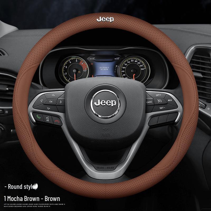 Universal Genuine Leather Steering Wheel Cover for Jeep Cherokee, Wrangler, Compass, Renegade - All-Season Use