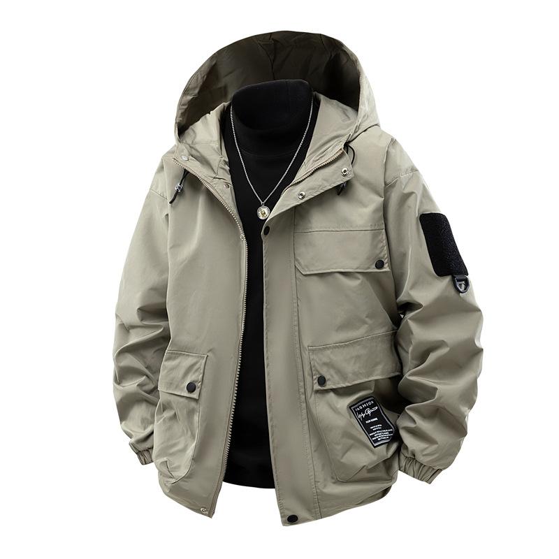 Solid Color Jacket Men's Spring and Autumn Loose Trendy Workwear Outdoor Waterproof Casual Hooded Jacket Jacket