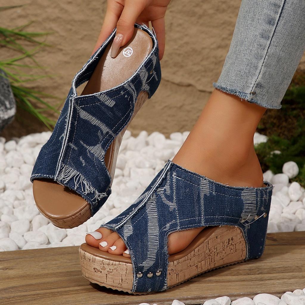 Fashion Women's Wedges Platform Sandals Thick Slope Back Lift Strap Denim Shoes Summer Fashion High Heels Sandals 2025
