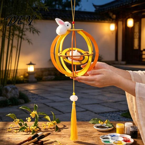 LED Candle Lantern Toy DIY Kit for Mid-Autumn Festival, Hollow Wooden Rotating Ring Making Set with Rabbit, Handmade Tassels