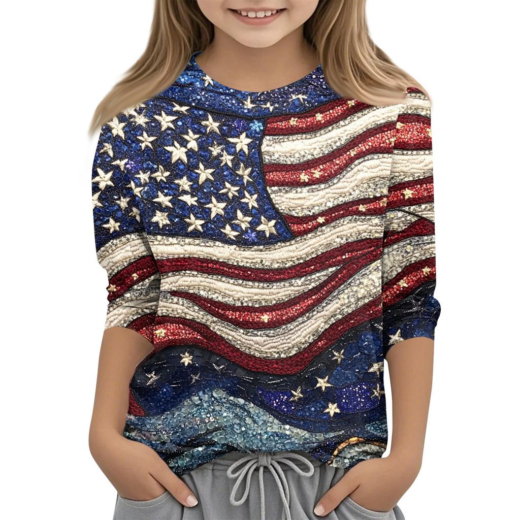 Children's Fashion Printed Round Neck Three-quarter Sleeve Top Casual T-shirt