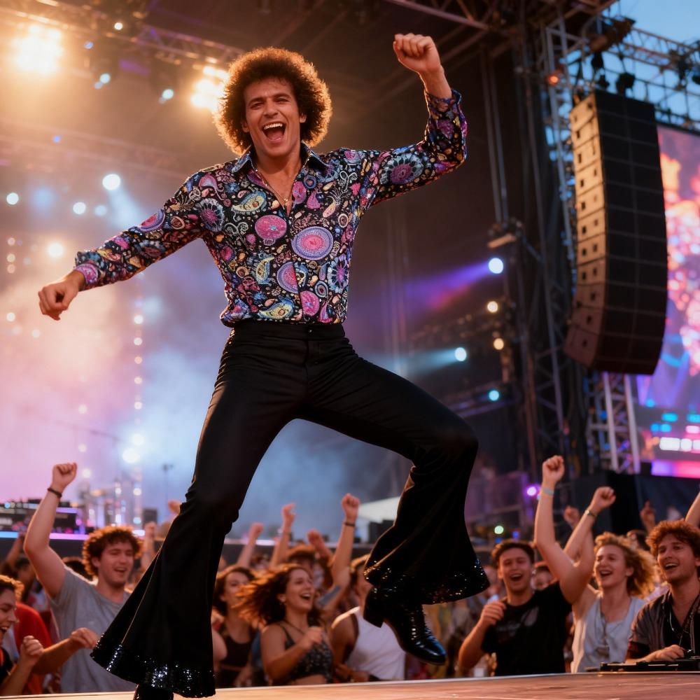 Men's Stage Performance Disco Set - 70s Retro Floral Shirt High-Waisted Bell Bottoms