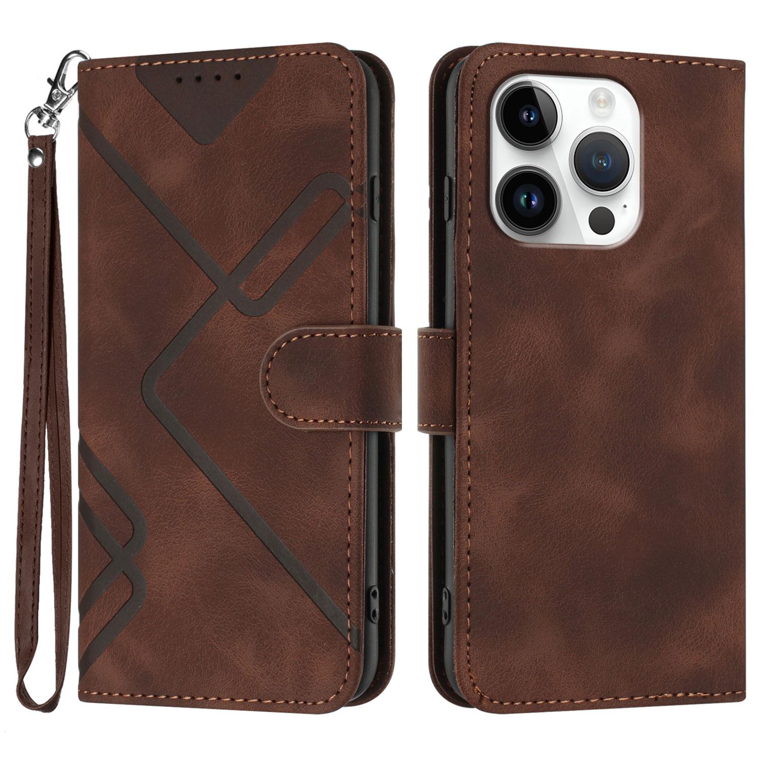 

For iPhone 16 Pro Wallet Case Line Imprinted PU Leather Phone Cover with Strap Brown