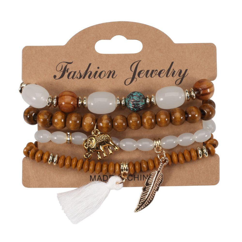Bohemian Wooden Bead Bracelet: Leaf, Elephant, and Tassel Stretch Bracelet for Girls
