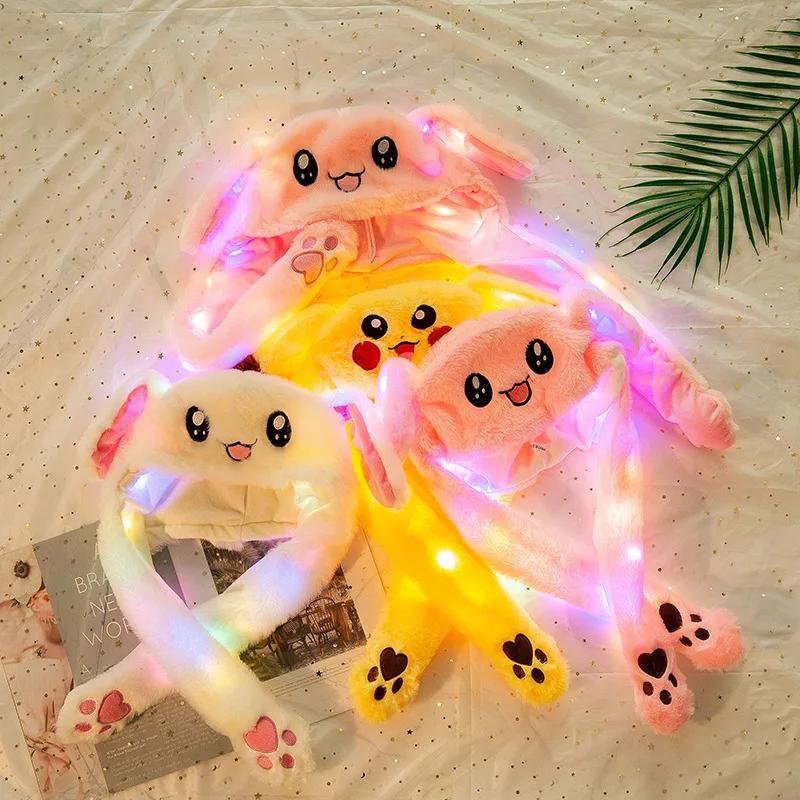 Led Plush Rabbit Hats Glowing Pikachu Ears Hat Cute Stitch Moving Ears Cap Adult Children Funny Festival Party Dress Up