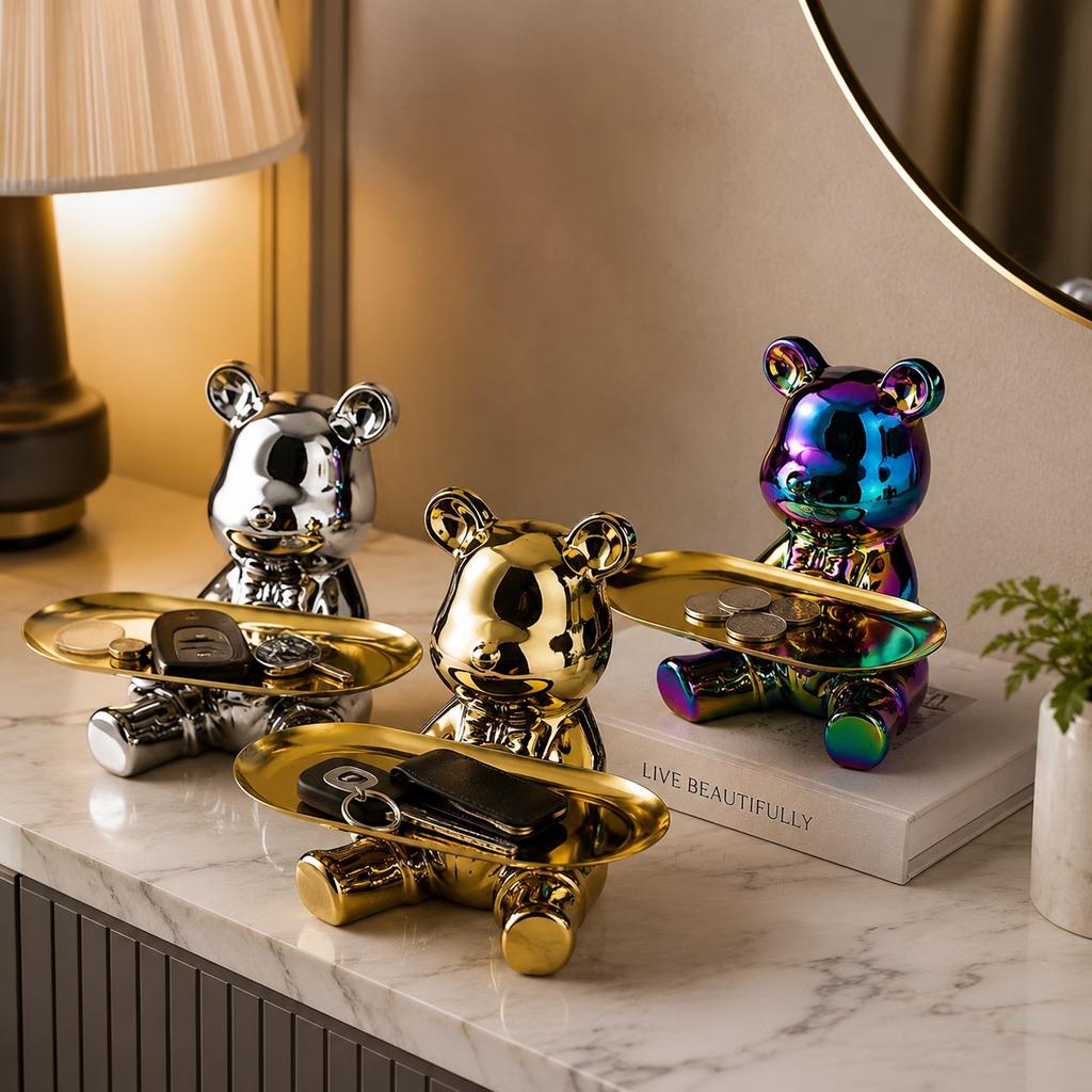 Ceramic Bear Key Tray Piggy Bank Holder Entryway Organizer For Living Room Console Table Home Decor Gift For Christmas
