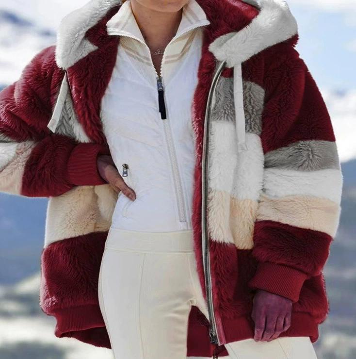 Autumn and Winter Warm Plush Patchwork Zipper Pocket Hooded Jacket for Women