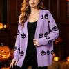Damen Lässiger Lockersitz Halloween Kürbis V-Ausschnitt Strickjacke für Herbst und Winter
