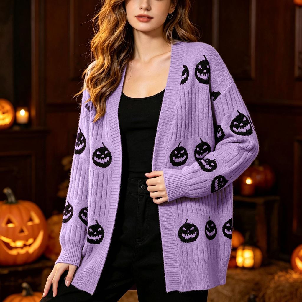 Damen Lässiger Lockersitz Halloween Kürbis V-Ausschnitt Strickjacke für Herbst und Winter