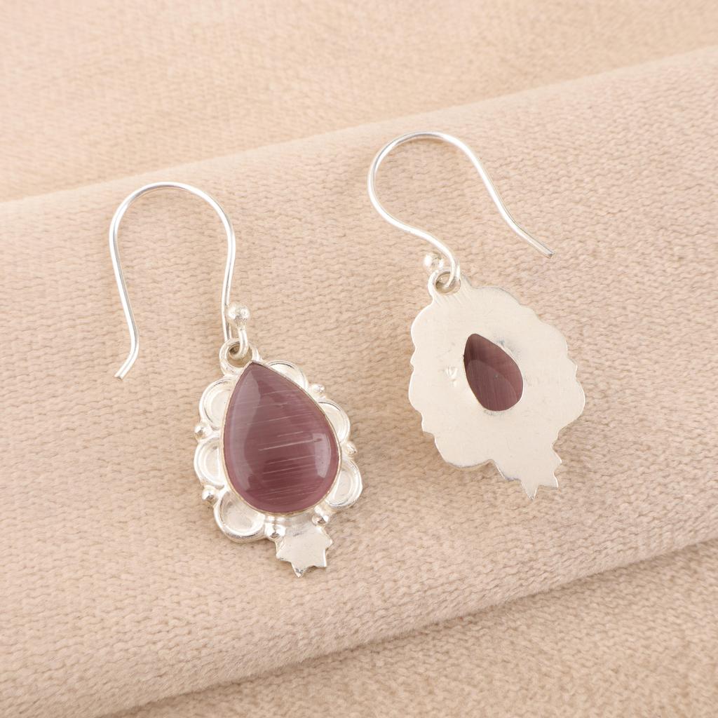 Violette Katzenaugen 925 Sterlingsilber Ohrringe, Handgefertigter Silberschmuck, Wunderschöne Katzenaugen Edelstein Ohrringe Zierlicher Schmuck Zum Verschenken
