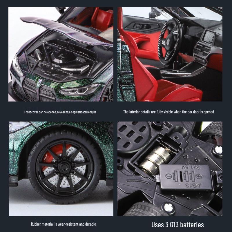 1:24 BMW M4 Diecast Car Model with Shock Absorption, Pull-Back, Steering, Sound, and Light Features.