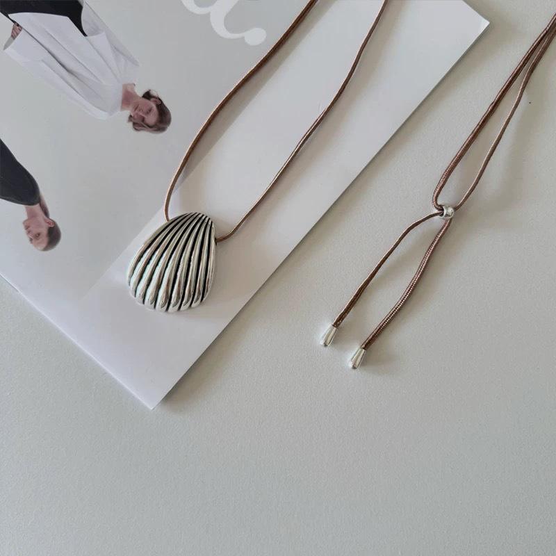 Buh* Haute Couture Seashell Necklace: Silver Antiqued Scallop Pendant On Adjustable Brown Cord