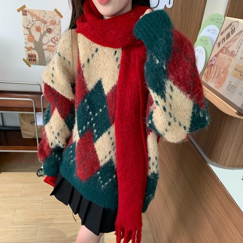 

Осенние и зимние винтажные принтованные свитера рождественские свитера женские модные свободные вязаные свитера с круглым вырезом женские элегантные теплые повседневные женские джемперы 25509 S зелёный