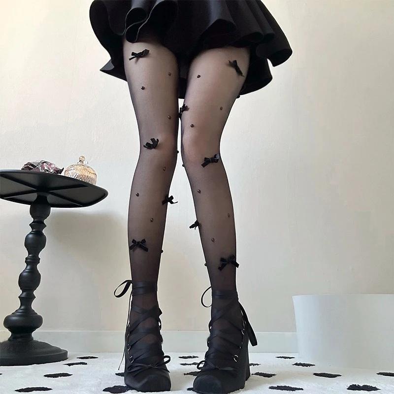 1/2Pairs Sexy Bow Lace Tights Women Bowknot Pearl Hollow Mesh Fishnet Thigh High Stockings Jk Lolita Sweet Girls Tight Pantyhose