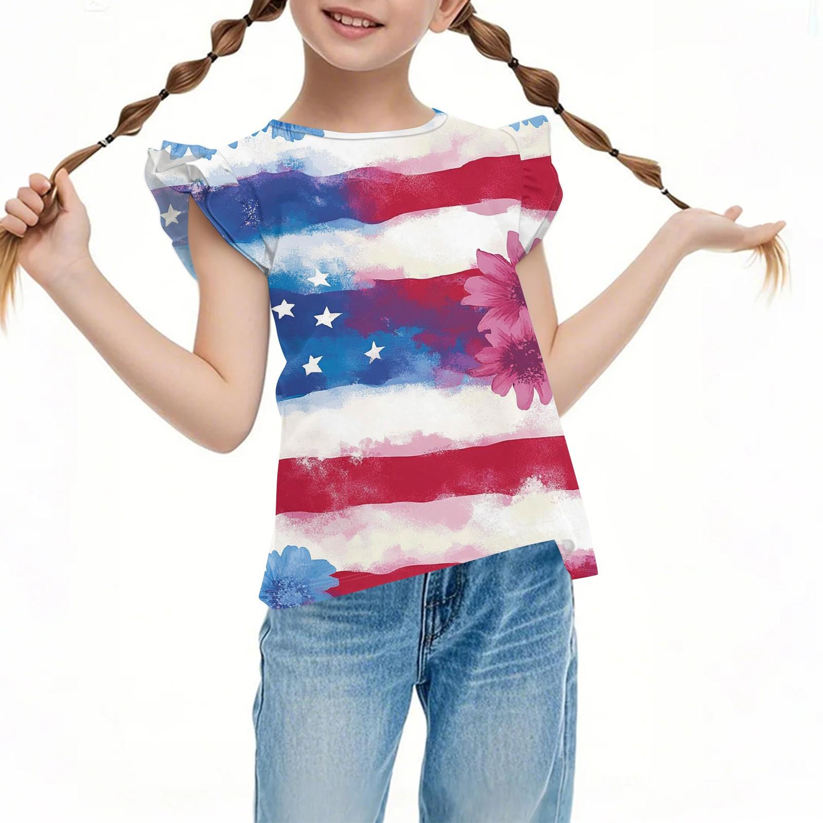 

Children s Casual Short-Sleeved Pleated Cute Independence Day Printed Round-Neck Top 140 Кіновар