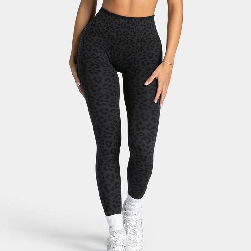 TEVEO Damen Nahtlose Leopard-Print High-Waist Yoga-Hose mit Bauchkontrolle und Gesäßlift Medium schwarz