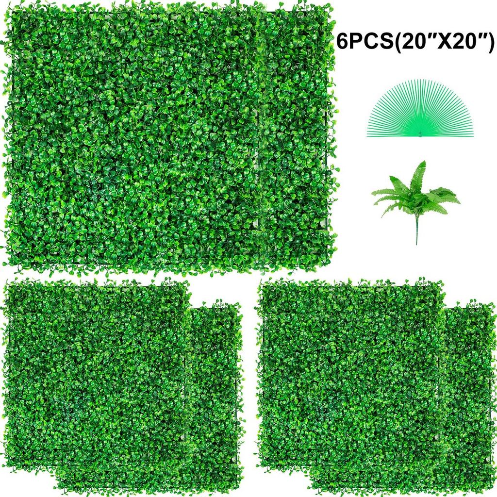 Artificial Boxwood Panel UV 6pcs Boxwood Hedge Wall Panels, Artificial Grass Backdrop Wall 20" X 20" 4 cm Green Grass Wall, Fake Hedge for Decor