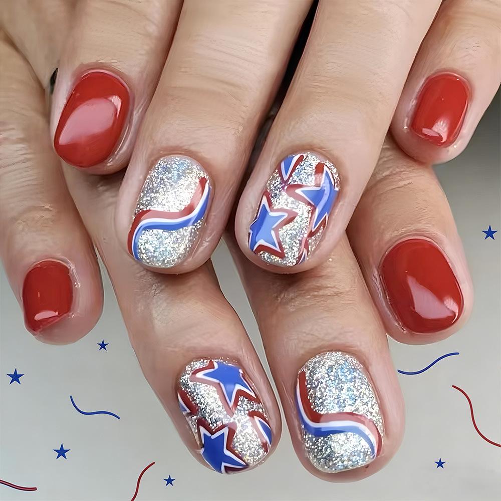 

Independence Day Glossy Euro Square Short False Nails Set 24 pcs - Star & Stripes Design, Wearable & Removable