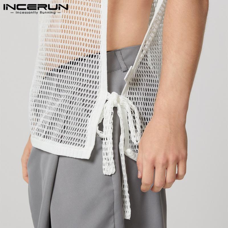 INCERUN Men Sleeveless Side Split Lace-up Hollow Long See Through Tank Tops