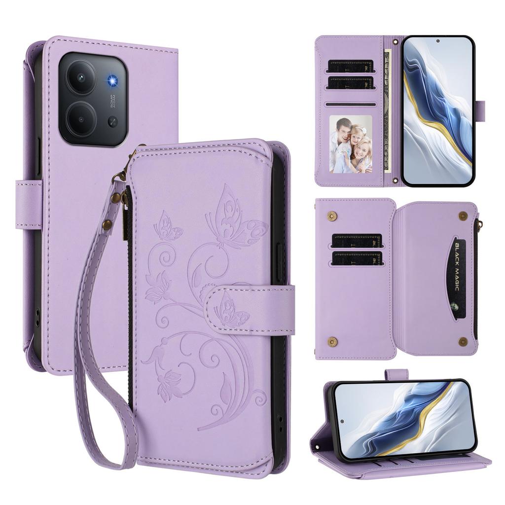For Xiaomi Redmi 15C 5G (EU) (173mm)/Xiaomi Redmi 15C 4G (EU) (173mm) Leather Case Butterfly Floral Imprint Zipper Wallet Stand Cover with Wrist Strap