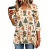 Women's Casual V-Neck Three-Quarter Sleeve Christmas Print Blouse for Holiday Party