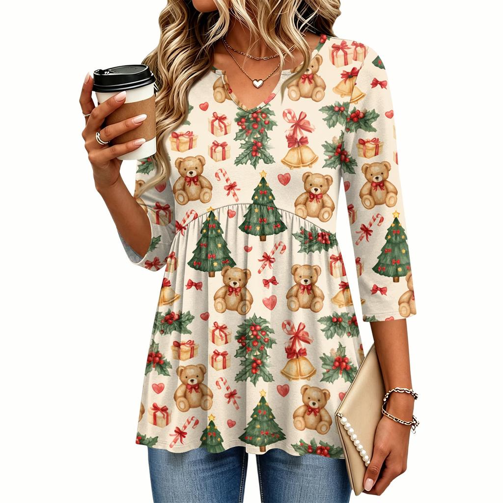Women's Casual V-Neck Three-Quarter Sleeve Christmas Print Blouse for Holiday Party