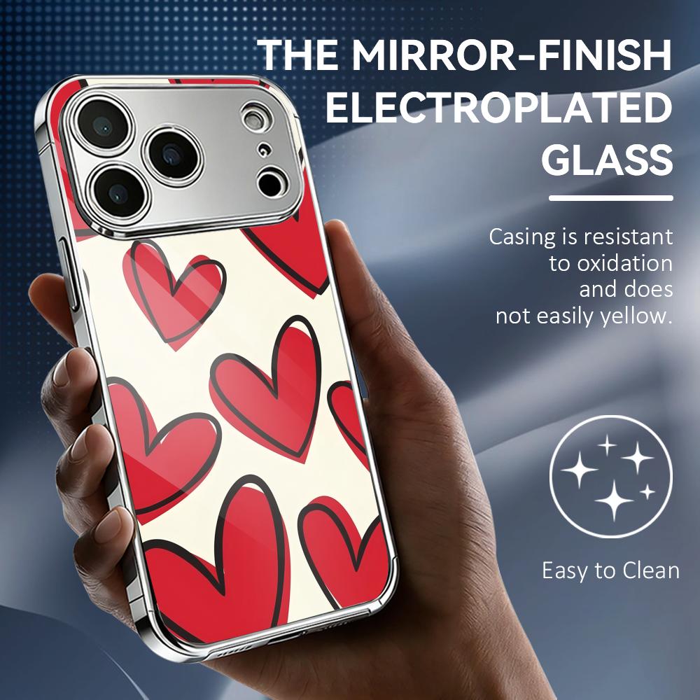 INS Fashion Heart Phone Case For iPhone 17 16 15 14 13 12 Pro Max Plus Electroplated Metal Shockproof Bumper Case Glass Back