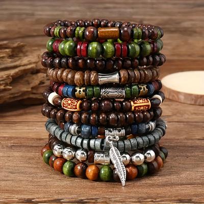 10pcs Vintage Bohemia Men's Bracelets - Fashion Stylish Leaves Wristwear Accessory for Durable Fashion Jewelry Gifts
