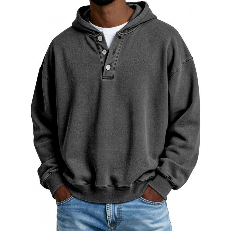 2025 European & American Men's Solid Color Hooded Sweatshirt - Three-Button, Loose Fit, Long Sleeve Jacket for Spring & Autumn