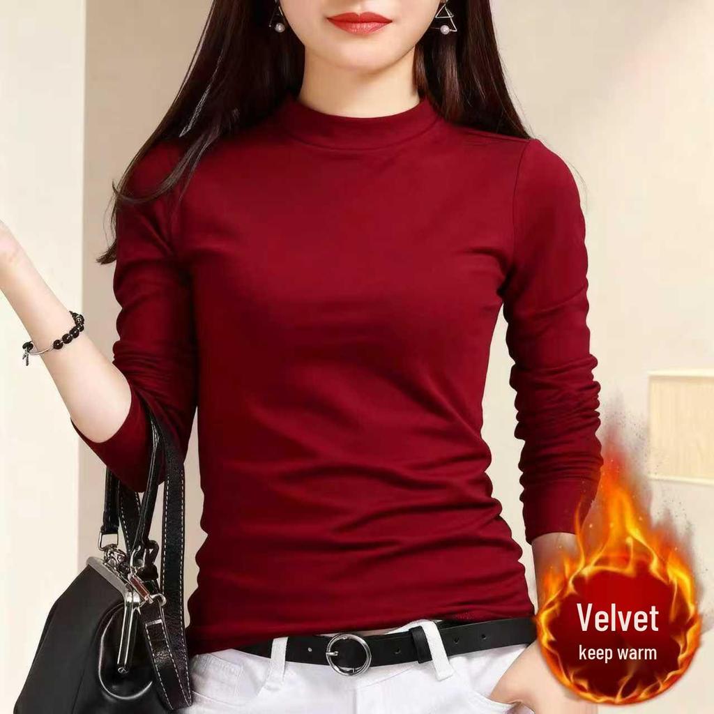 Cămașă de bază pentru femei din fleece periat cu guler înalt - Culoare uni, Mânecă lungă, Cu pluș, Top casual pentru toamnă/iarnă