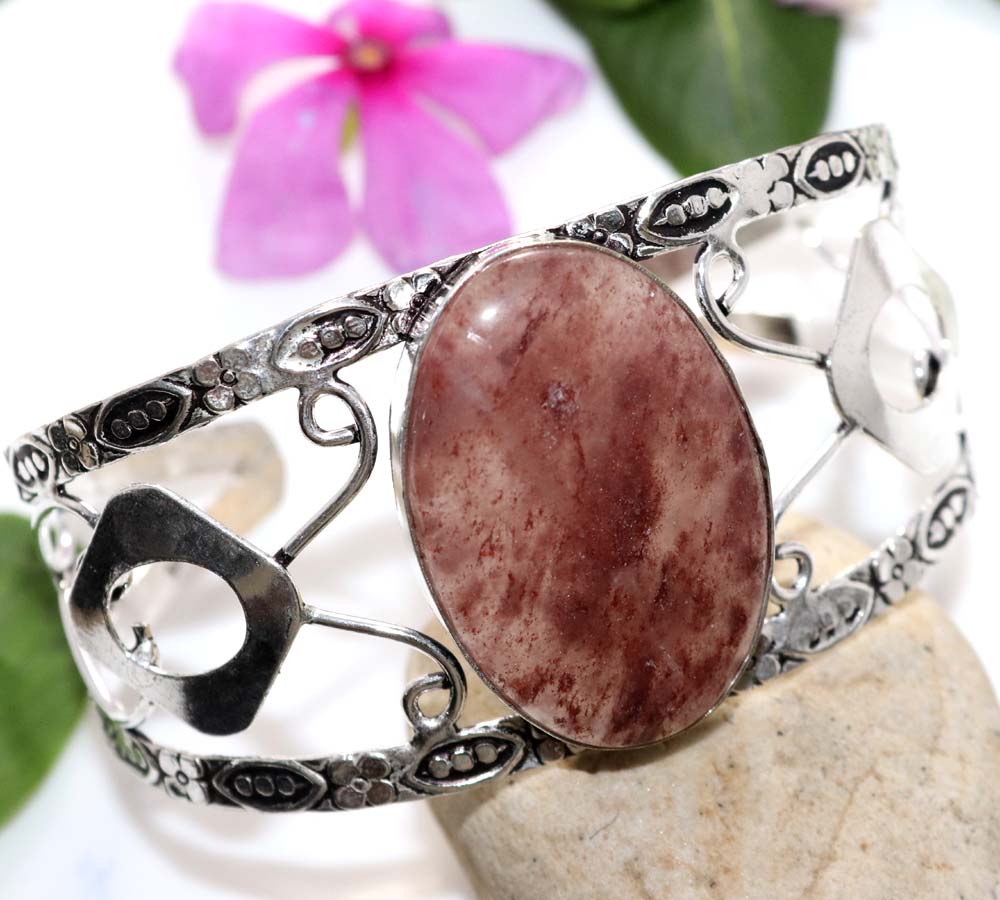 Huge Strawberry Quartz 925 Silver Plated Bangle 6.5" Christmas Jewelry Trendy A4i70