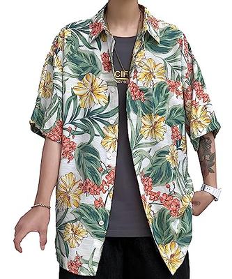Four Leaf Men's Stylish Aloha Shirt, Short Sleeve, Floral and Botanical Print, Hibiscus Design, Summer Wear (Size L)