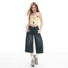 Trendy Vintage Pocket Cargo High Waist Loose Straight Wide Leg Cropped Capri Denim Shorts For Women Versatile Slimming FigureFlattering Casual Bottoms