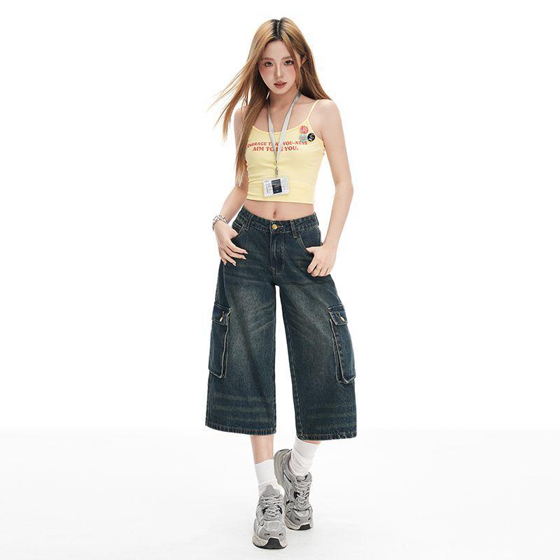 Trendy Vintage Pocket Cargo High Waist Loose Straight Wide Leg Cropped Capri Denim Shorts For Women Versatile Slimming FigureFlattering Casual Bottoms