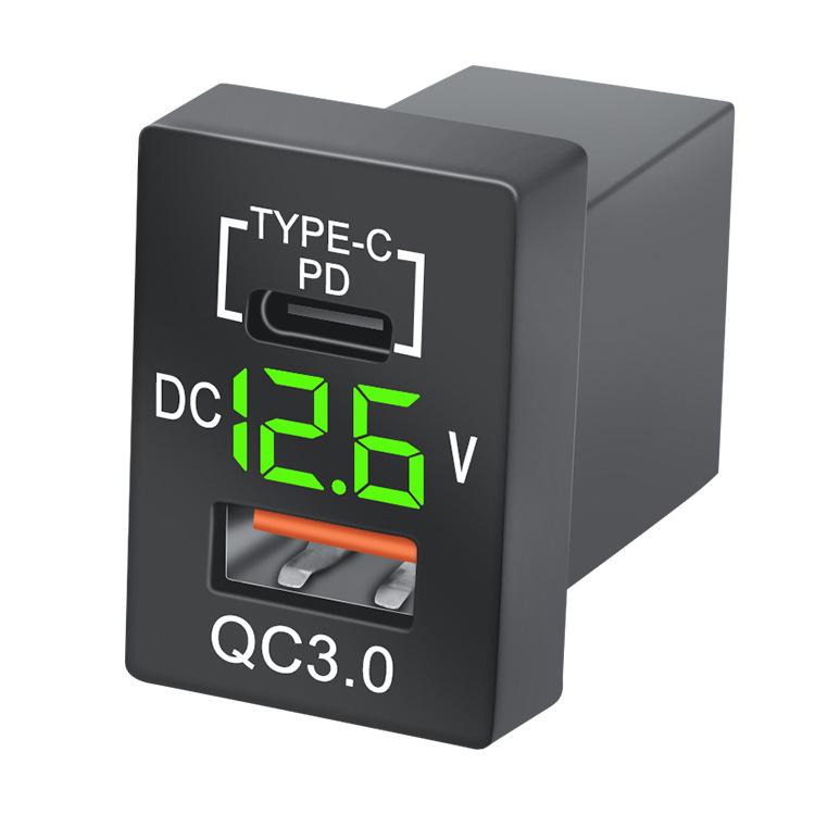 

Pd Type C/qc 3.0 Usb Car Charger 12-24V Voltmeter Led Fast Charging Car Power Adapter for Toyota Mobile Phone Fast Charging зелений