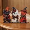 3Pcs Retro Wooden Halloween Witch Cat Set Autumn Witch Hat Cat Table Ornament  Fireplace Mantel