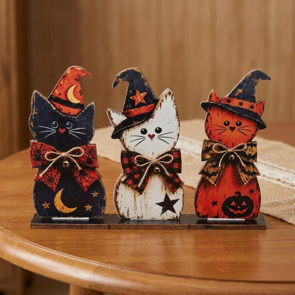 3Pcs Autumn Vintage Black Cat Tabletop Sign Retro Witch Hat Cat Table Ornament Halloween Atmosphere