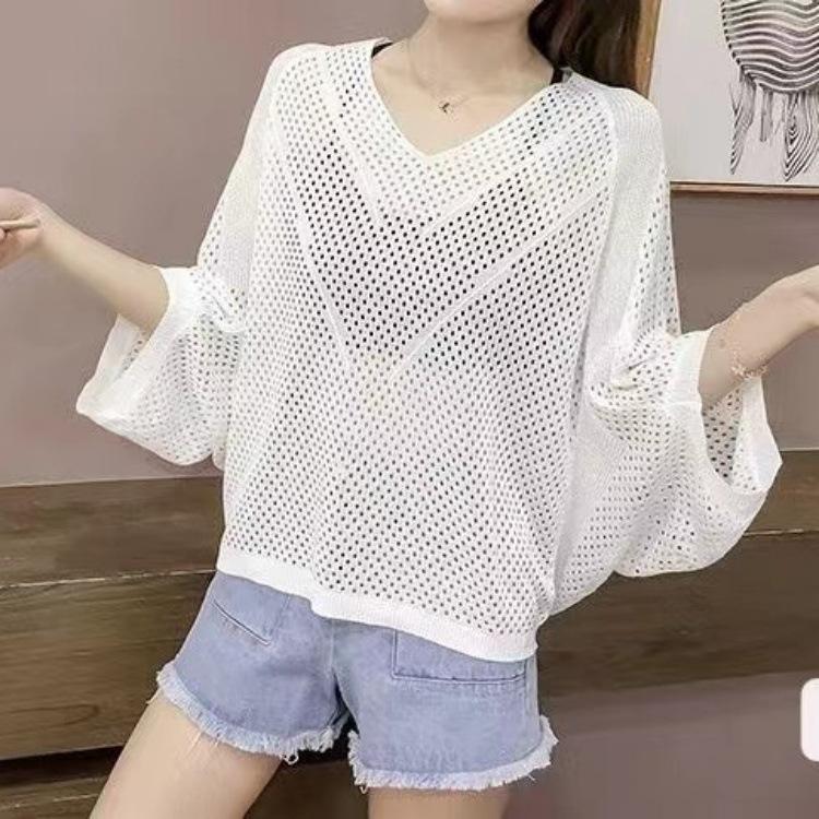 Summer V-neck seven-point bat-sleeved hollow blouse women's TK popular loose and thin outer top knitted sweater