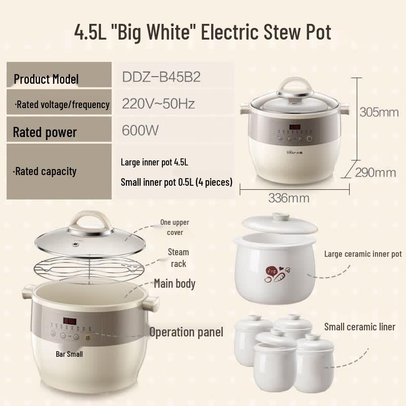 BEAR DDZ-B45B2 Electric Double Boiler Stew Pot CN Plug (adapter Included)
