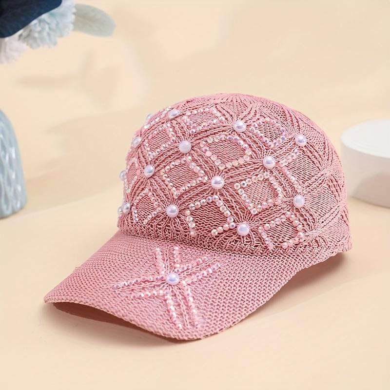Four leaf flower pearl duckbill hat, fashionable pearl rhinestone grid mesh breathable sunshade hat розовый