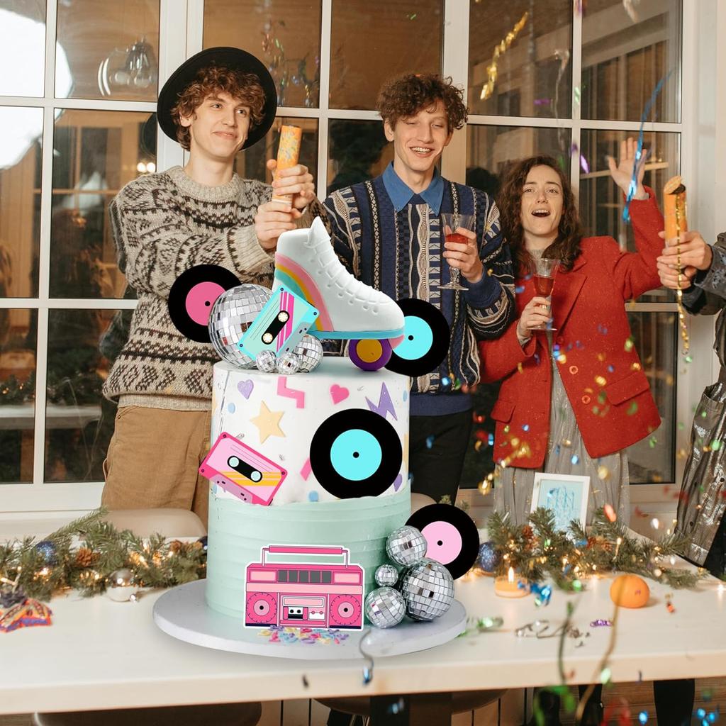 20PCS Roller Skate Cake Topper Disco Ball Cake Toppers Retro Hip Hop Theme Party Cake Decoration for 80s 90s Skating Theme Party