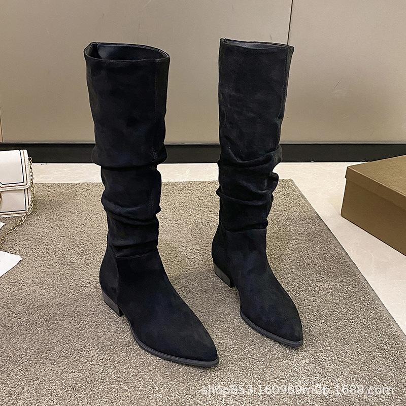 Fashion Frosted pleated long knight boots women autumn new heel boots pointed Chelsea boots women P637